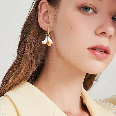 White Enamel Lilies Flower Dangle Hoop Earrings JE970A-1