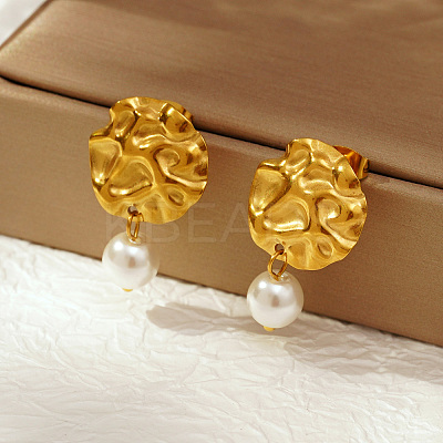 Fashionable 304 Stainless Steel Flat Round Stud Earrings with Round Plastic Imitation Pearls Pendant for Women LS-NQ1639-1