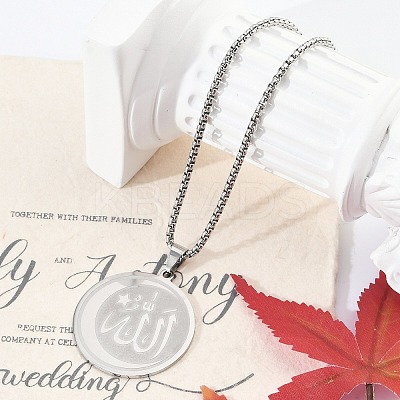 201 Stainless Steel Flat Round with Arabic Pendant Box Chain Necklaces for Women Men LS-NJEW-R013-03P-1