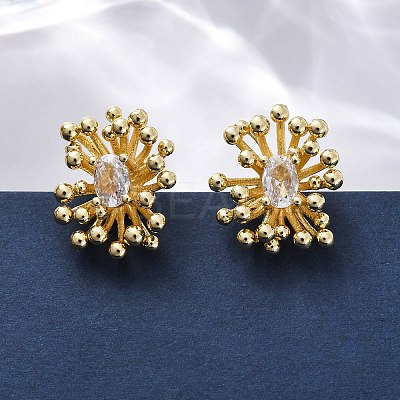 Flower Brass Clear Cubic Zirconia Stud Earrings EJEW-R025-22G-1