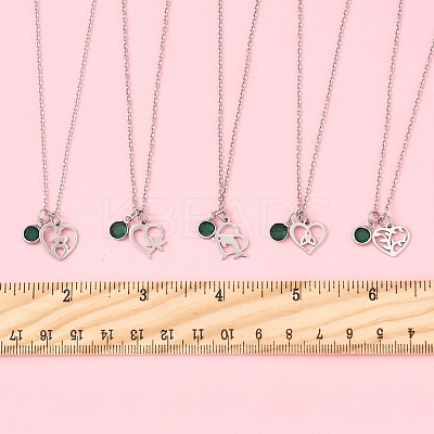 Valentine's Day 304 Stainless Steel & Green Glass Couple Heart Pendant Cable Chain Necklaces for Women NJEW-FS00014-01-1