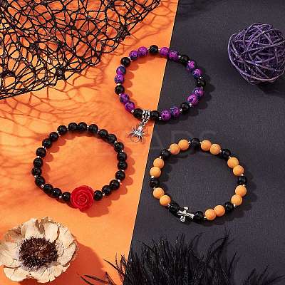 3Pcs Halloween Theme Baking Paint Glass Round Beads Stretch Bracelets for Women BJEW-MZ00186-1