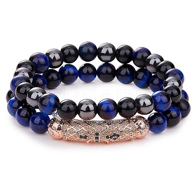 2Pcs 2 Style Dyed & Heated Natural Tiger Eye & Gemstone Stretch Bracelets Set BJEW-SW00090-1