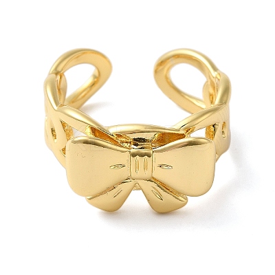 Bowknot Brass Open Cuff Rings for Women RJEW-B062-02G-1