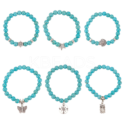 6Pcs 6 Style Synthetic Turquoise Round Beaded Stretch Bracelets Set BJEW-AN0001-20-1