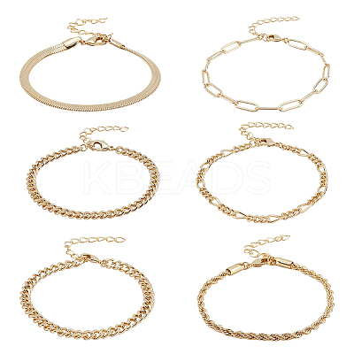 6Pcs 6 Style Brass Twist Rope & Figaro & Paperclip & Curb Chain Bracelets Set for Women BJEW-AN0001-10-1