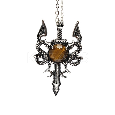 Natural Tiger Eye Dragon Sword Pendant Necklace G-PW0004-67E-1