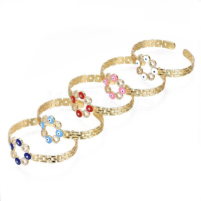 Cubic Zirconia Ring with Evil Eye Open Cuff Bangle with Enamel for Women BJEW-N012-014-1