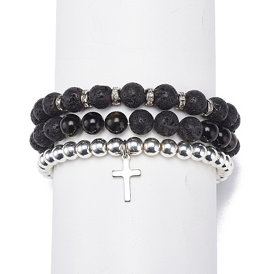 3Pcs 3 Style Style Natural Lava Rock & Golden Sheen Obsidian & Synthetic Hematite Stretch Bracelets Set BJEW-JB08735-1