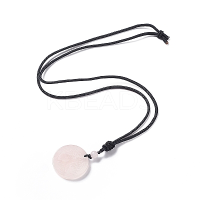 Natural Rose Quartz Flat Round with Tree of Life Pendant Necklace with Nylon Cord for Women NJEW-P274-03-06-1