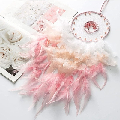 Natural Rose Quartz Chips Flat Round with Tree of Life Pendant Decorations TREE-PW0003-04-1