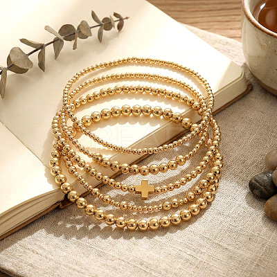 5Pcs 5 Styles Summer Brass Cross Round Beaded Stretch Bracelet Sets FV3491-1
