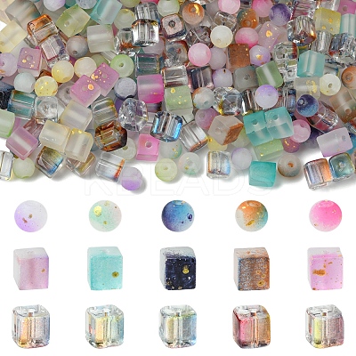 450Pcs 3 Styles Frosted Glass Beads with Golden Glitter Powder DGLA-FS0001-13-1
