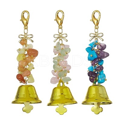 Gemstone Chips & Alloy Bowknot Kcychain HJEW-JM01313-1