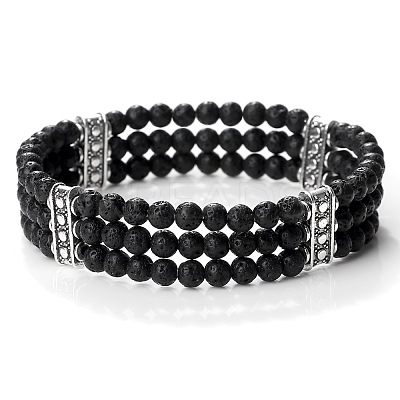 Round Natural Lava Rock & Alloy Multi-Strand Beaded Stretch Bracelets for Women Men GQ0306-3-1