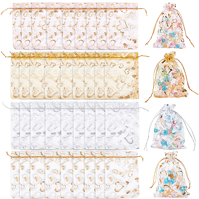 80Pcs 4 Colors Heart Printed Organza Bags OP-BBC0001-50A-1