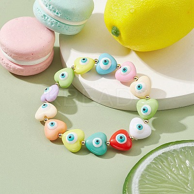 Resin Heart with Evil Eye Beaded Stretch Bracelets BJEW-JB09459-1