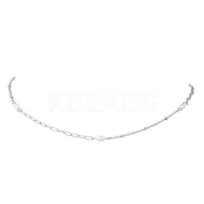 Natural Pearl Rice & 304 Stainless Steel Satellite Chain Paperclip Chain Necklaces for Women NJEW-JN05823-01-1