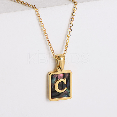 304 Stainless Steel Pave Natural Paua Shell Rectangle Initial Pendant Necklaces for Women FS-WG38E89-03-1