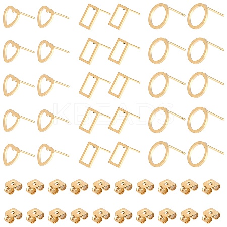36 Pair 3 Styles 304 Stainless Steel Rectangle & Heart & Flat Round Stud Earrings EJEW-DC0001-10-1