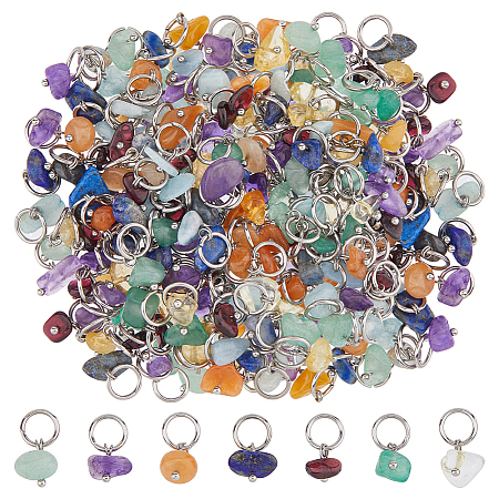 140Pcs 7 Styles Natural Gemstone Chip Charms with Brass Loops PALLOY-FH00120-1