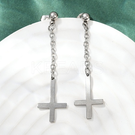 Christian Upside Down Cross 201 Stainless Steel Dangle Stud Earrings EJEW-P314-01B-P-1