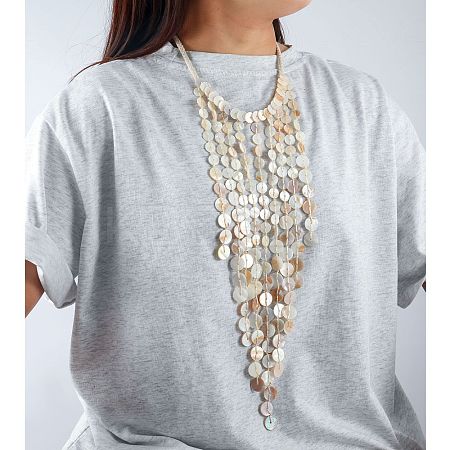 Resin Disc Long Tassel Cotton Rope Bib Necklaces with Alloy End Chains for Women FS-WG31146-01-1