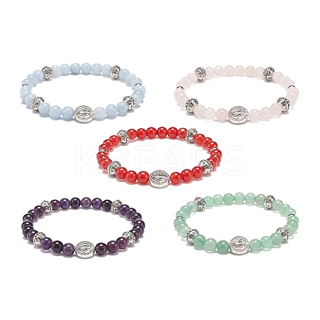 5Pcs 5 Style Natural Gemstone & Synthetic Hematite & Alloy Saint Benedict Beaded Stretch Bracelets Set for Women BJEW-JB08965-1