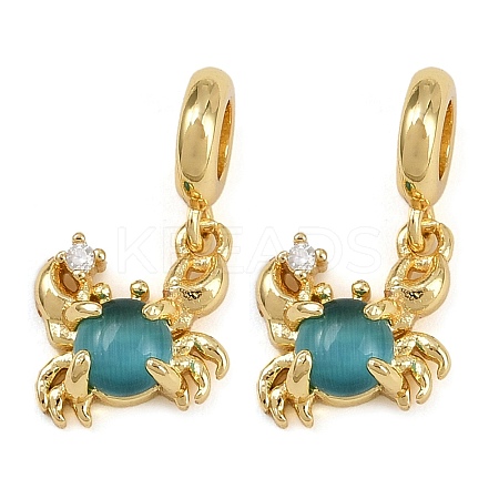 Brass Pave Clear Cubic Zirconia and Deep Sky Blue Cat Eye European Dangle Charms KK-C114-13G-1