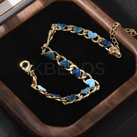 Heart Brass Enamel Curb Chains Bracelets for Women BJEW-B125-03G-1