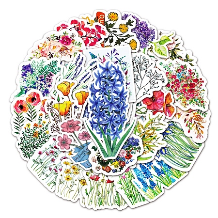 50Pcs Mixed Styles Flower Pattern Waterproof PVC Plastic Stickers STIC-PW0001-367-1