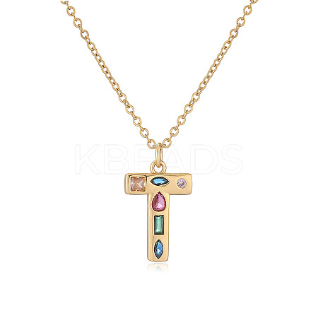 Brass Pave Colorful Cubic Zirconia Initial Pendant Necklaces for Women FS-WG02860-20-1