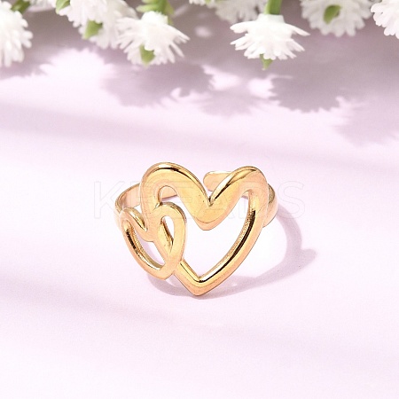 Hollow Heart 304 Stainless Steel Open Cuff Rings for Women RJEW-A091-23G-1