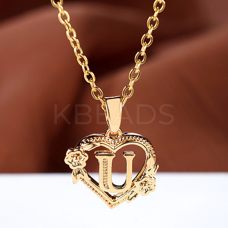 Brass Rose Flower Heart with Letter Pendant Cable Chain Necklaces FS-WG42461-21-1