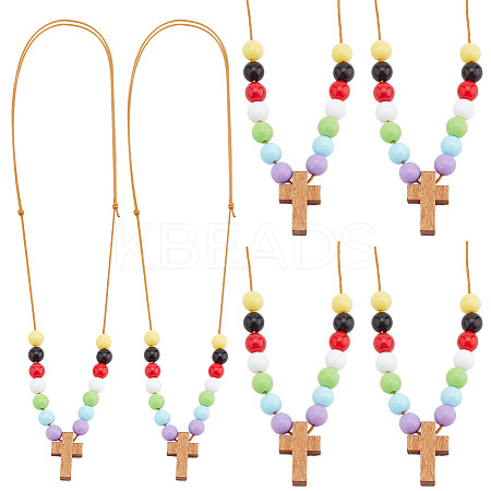 Wood Cross with Acrylic Beaded Pendant Necklaces for Women NJEW-AB00014-1