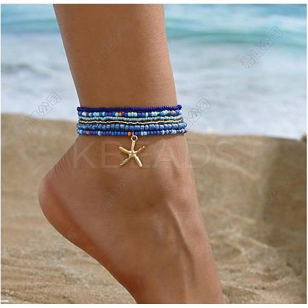 Multilayer Glass Seed Beads Starfish Pendant Anklet for Women PW-WG7288D-04-1