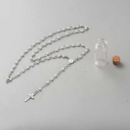 Alloy & Plastic Pearl Rosary Bead Necklaces NJEW-WH0020-28-1