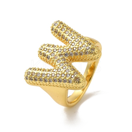 Letter Brass Micro Pave Clear Cubic Zirconia Open Cuff Ring for Women RJEW-N046-03W-G-1