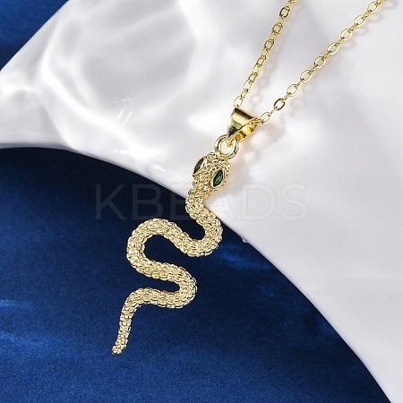 Brass Micro Pave Green Cubic Zirconia Snake Pendant Necklaces LS-NJEW-S438-02E-G-1
