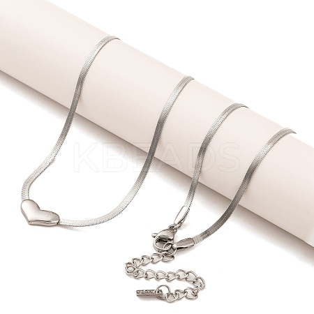 Non-Tarnish 304 Stainless Steel Heart Pendant Flat Snake Chain Necklaces for Women NJEW-G142-05P-1