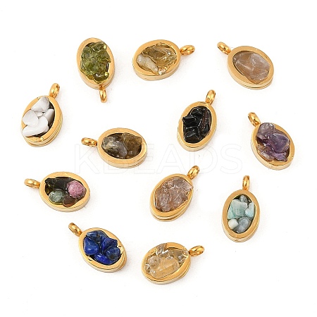 Natural Mixed Gemstone Chip 304 Stainless Steel Oval Charms KK-P300-10G-1