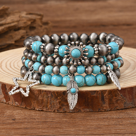 4Pcs Synthetic Turquoise & CCB Beaded Stretch Bracelets FS-WGC8DBE-06-1