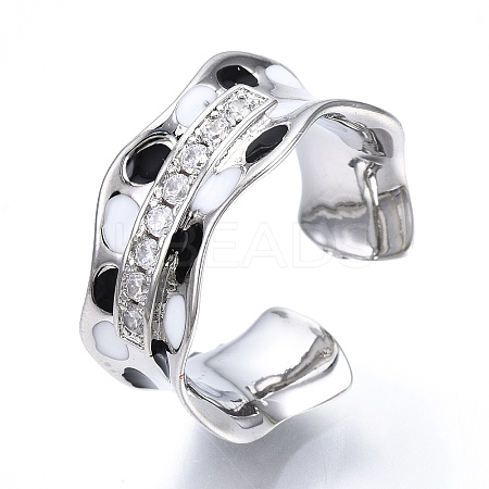 Clear Cubic Zirconia Wave Open Cuff Ring with Enamel RJEW-N039-03P-1