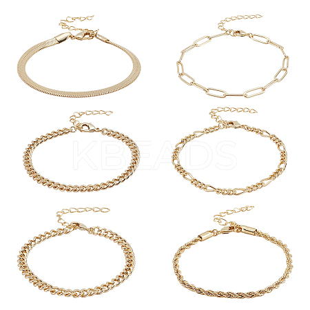 6Pcs 6 Style Brass Twist Rope & Figaro & Paperclip & Curb Chain Bracelets Set for Women BJEW-AN0001-10-1