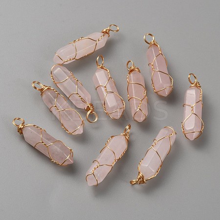 Natural Rose Quartz Double Terminal Pointed Pendants G-WH0029-09B-G-1