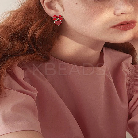 1 Pair Red Heart Oil Drop Earrings with Tassel EJEW-LP0011-02-1