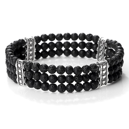 Round Natural Lava Rock & Alloy Multi-Strand Beaded Stretch Bracelets for Women Men GQ0306-3-1