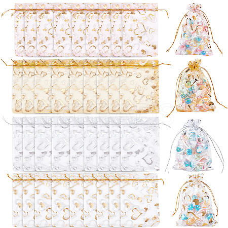 80Pcs 4 Colors Heart Printed Organza Bags OP-BBC0001-50A-1