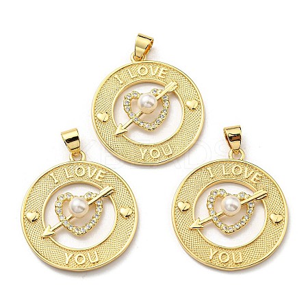 Brass Cubic Zirconia with Plastic Pearl Pendants KK-K341-20G-1