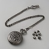 Vintage Alloy Flat Round Hollow Pocket Watch with Brass Curb Chain AJEW-WH0752-005B-1